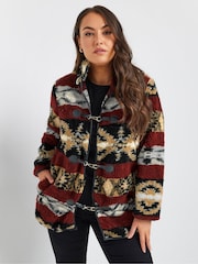 Yours Curve Red Faux Fur Toggle Jacket - Image 1 of 5