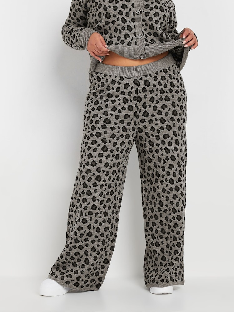 Yours Curve Grey Limited Leopard Print Wide Leg Trousers - Image 1 of 5