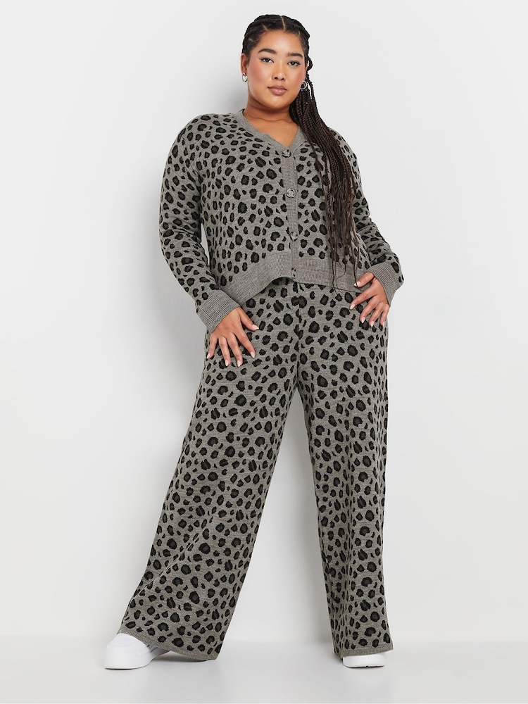 Yours Curve Grey Limited Leopard Print Wide Leg Trousers - Image 2 of 5