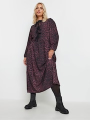 Yours Curve Purple Limited Long Sleeve Leopard Print Bow Dress - Image 1 of 5