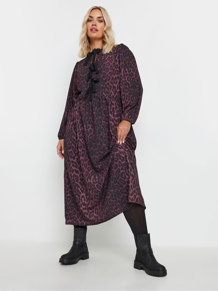 Yours Curve Purple Limited Long Sleeve Leopard Print Bow Dress - Image 1 of 5