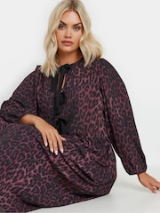 Yours Curve Purple Limited Long Sleeve Leopard Print Bow Dress - Image 4 of 5