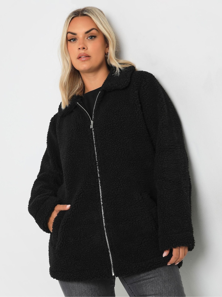 Yours Curve Black Heavy Zip Through Borg Jacket - Image 1 of 6