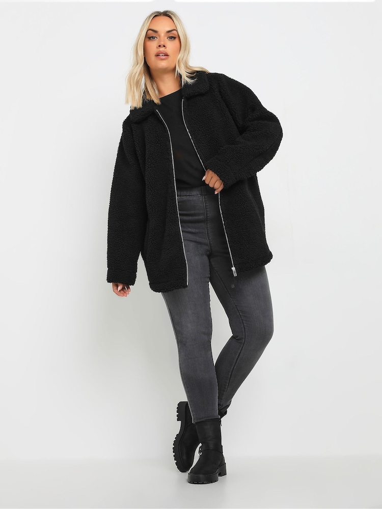 Yours Curve Black Heavy Zip Through Borg Jacket - Image 2 of 6