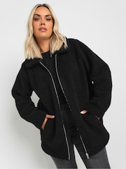 Yours Curve Black Heavy Zip Through Borg Jacket - Image 4 of 6
