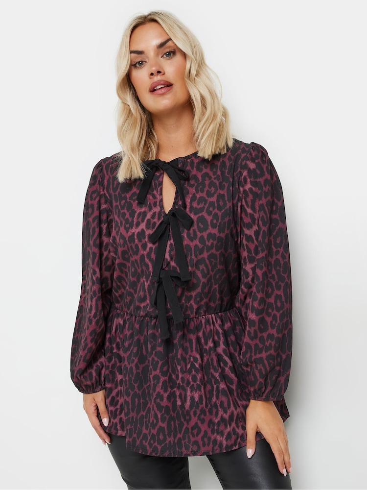 Yours Curve Purple Limited Long Sleeve Leopard Bow Top - Image 1 of 6 Yours Curve Purple Limited Long Sleeve Leopard Bow Top - Image 1 of 6