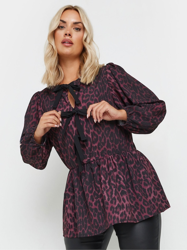 Yours Curve Purple Limited Long Sleeve Leopard Bow Top - Image 2 of 6 Yours Curve Purple Limited Long Sleeve Leopard Bow Top - Image 2 of 6