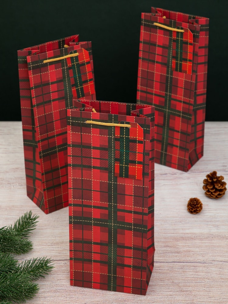 Hallmark 3 Pack Red Christmas Gift Bottle Bags in 1 Tartan Design - Image 1 of 4
