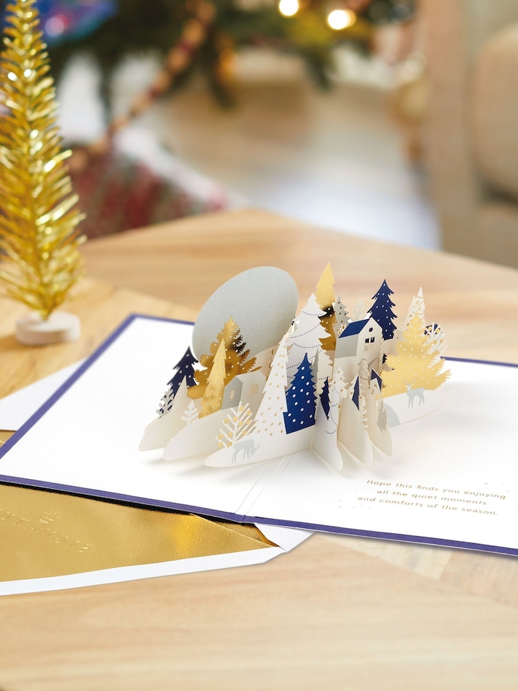 Hallmark White 3D Pop Up Gold Coloured Woodland Christmas Card - Image 1 of 4