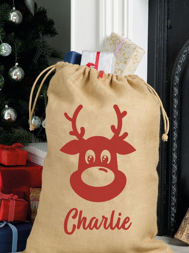 Personalised 100% Cotton Large Rudolf Family Jute Christmas Sacks by Loveabode - Image 1 of 4