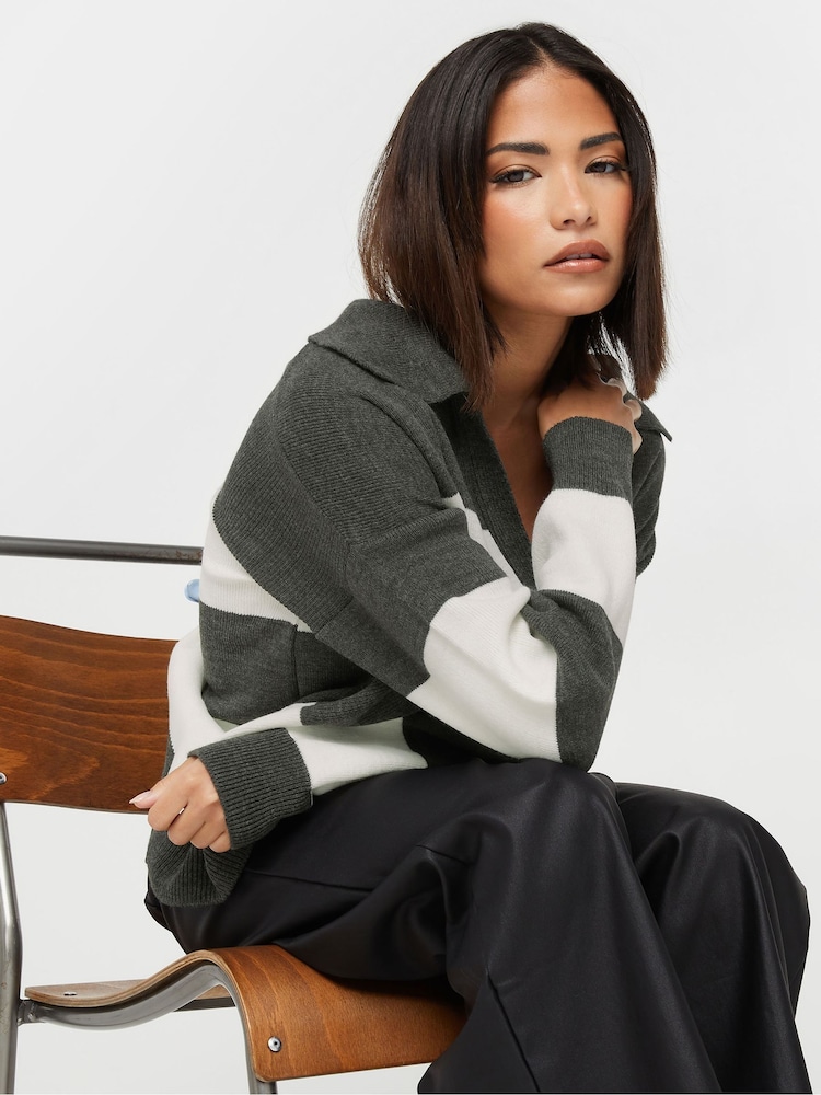 PixieGirl Petite Grey Stripe Collar Jumper - Image 2 of 5