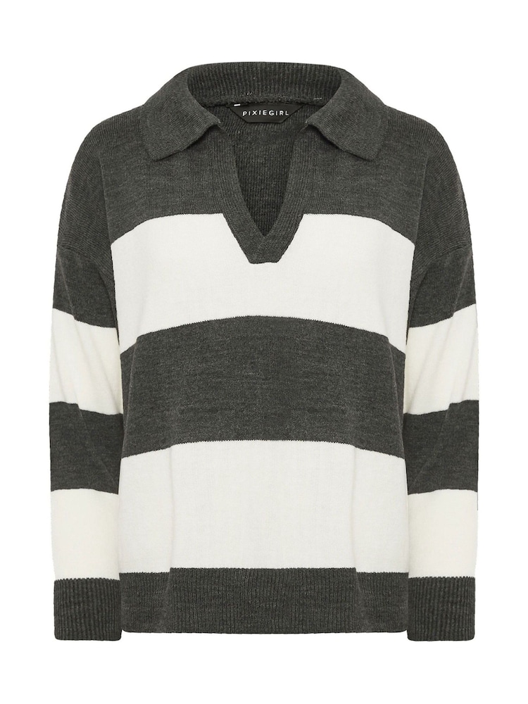 PixieGirl Petite Grey Stripe Collar Jumper - Image 5 of 5