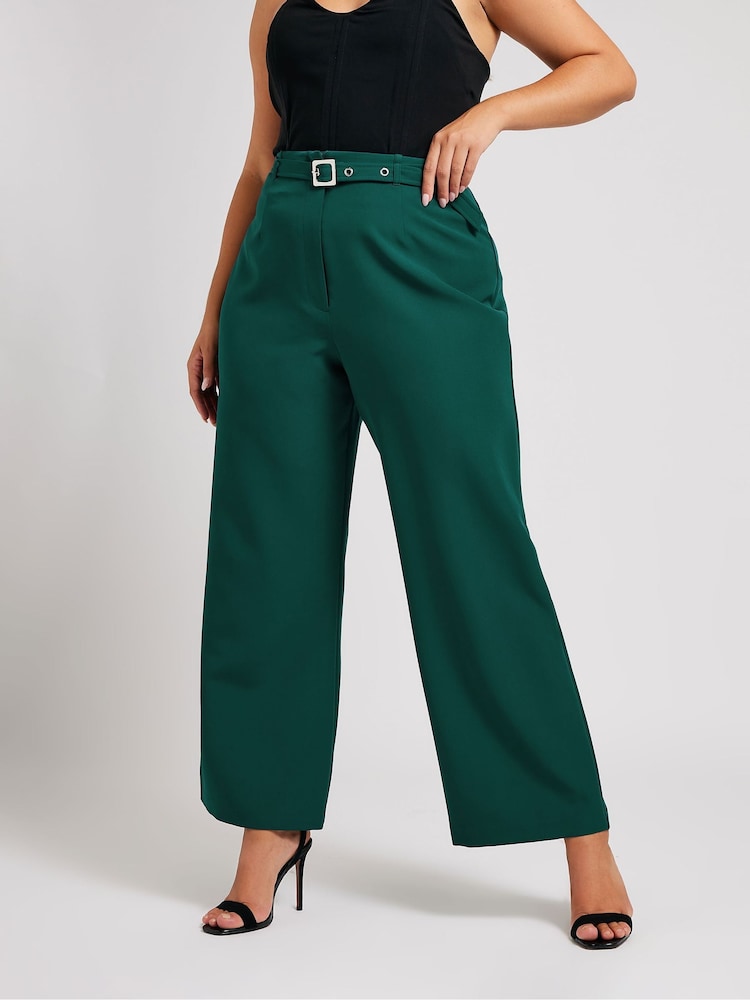Yours Curve Green London Premium High Waist Straight Trousers With Belt - Image 1 of 5
