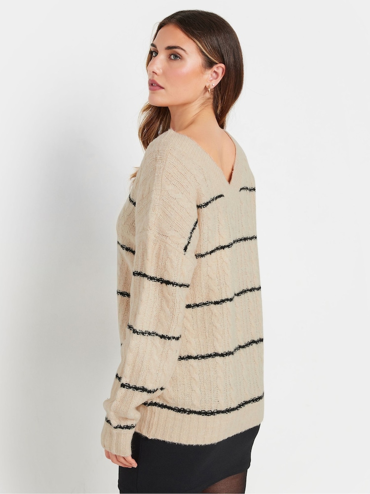 Long Tall Sally Natural Stripe Cable V Jumper - Image 3 of 5