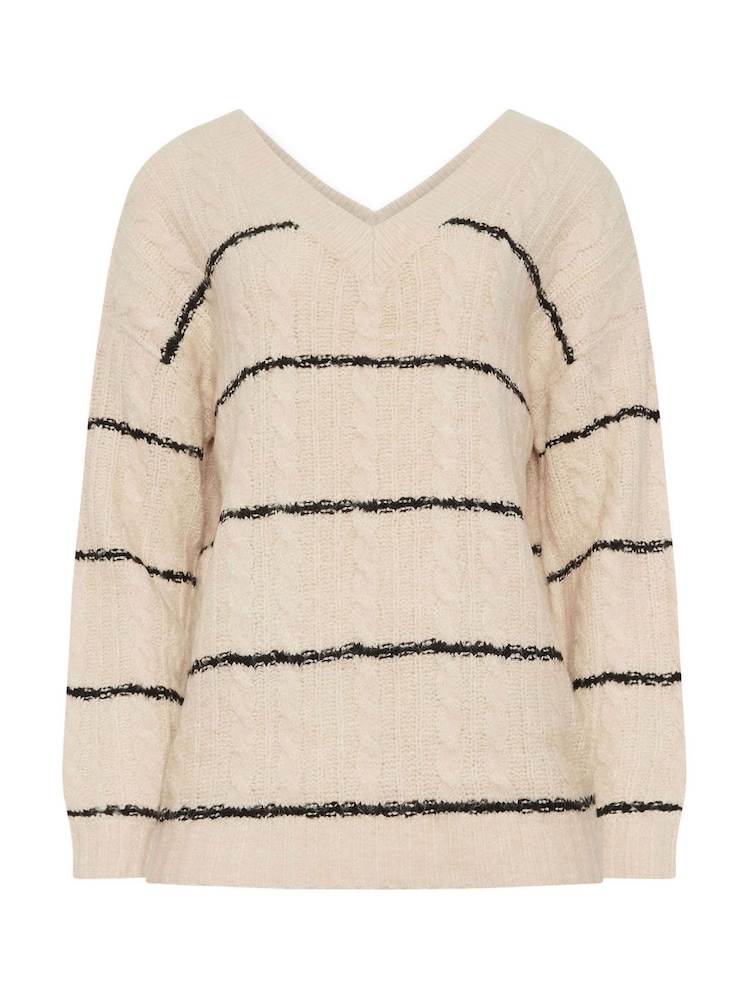 Long Tall Sally Natural Stripe Cable V Jumper - Image 5 of 5