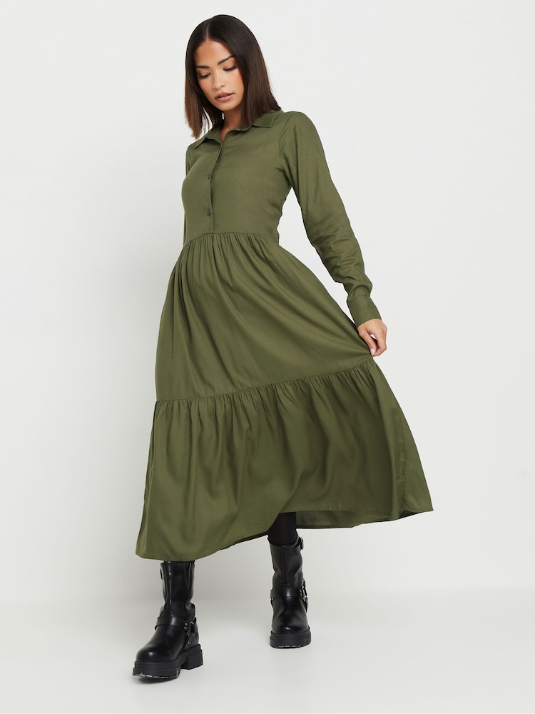 PixieGirl Petite Green Long Sleeve Smock Button Midi Dress - Image 1 of 5