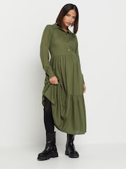 PixieGirl Petite Green Long Sleeve Smock Button Midi Dress - Image 2 of 5