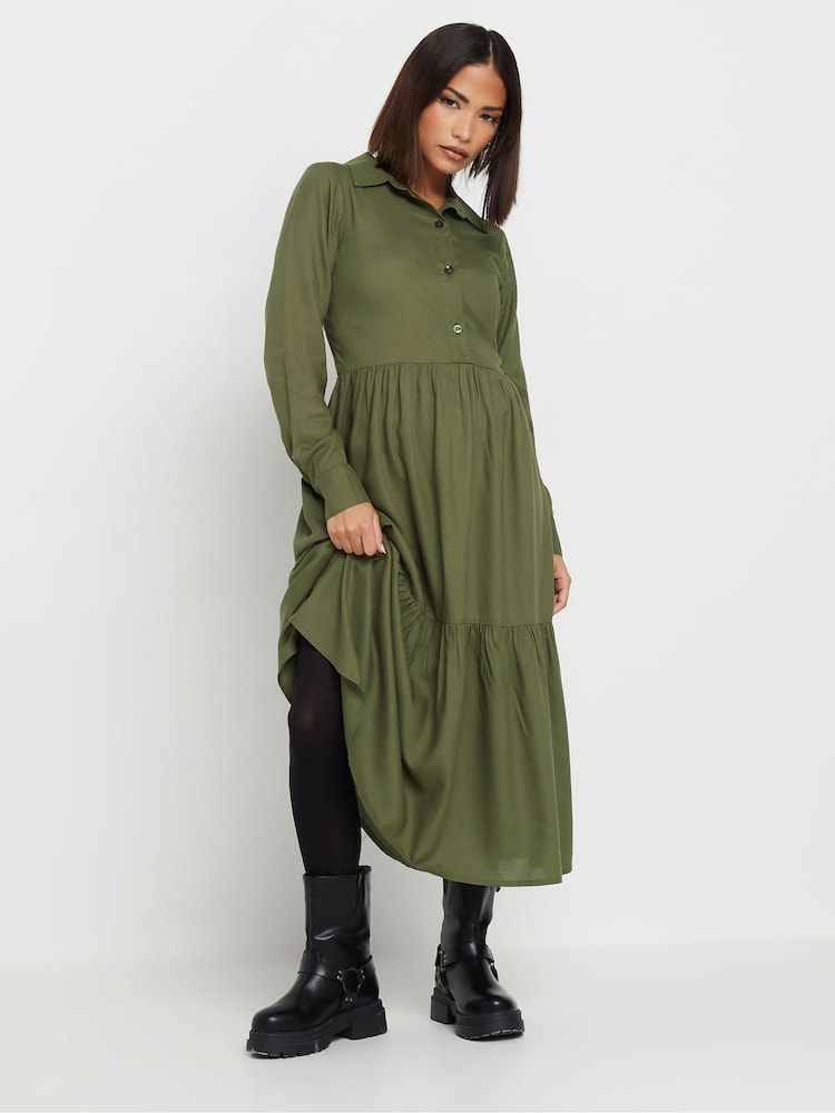 PixieGirl Petite Green Long Sleeve Smock Button Midi Dress - Image 2 of 5