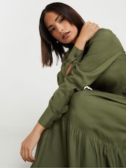 PixieGirl Petite Green Long Sleeve Smock Button Midi Dress - Image 3 of 5
