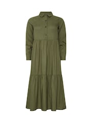 PixieGirl Petite Green Long Sleeve Smock Button Midi Dress - Image 5 of 5