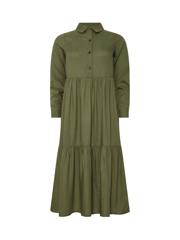 PixieGirl Petite Green Long Sleeve Smock Button Midi Dress - Image 5 of 5