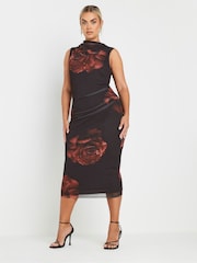 Yours Curve Black Limited Rose Print Floral Mesh Dress - Image 3 of 5