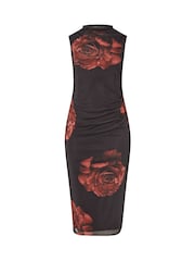 Yours Curve Black Limited Rose Print Floral Mesh Dress - Image 5 of 5