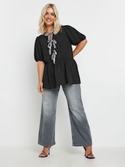 Yours Curve Black Limited Snake Print Bow Top - Image 3 of 6