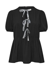 Yours Curve Black Limited Snake Print Bow Top - Image 6 of 6