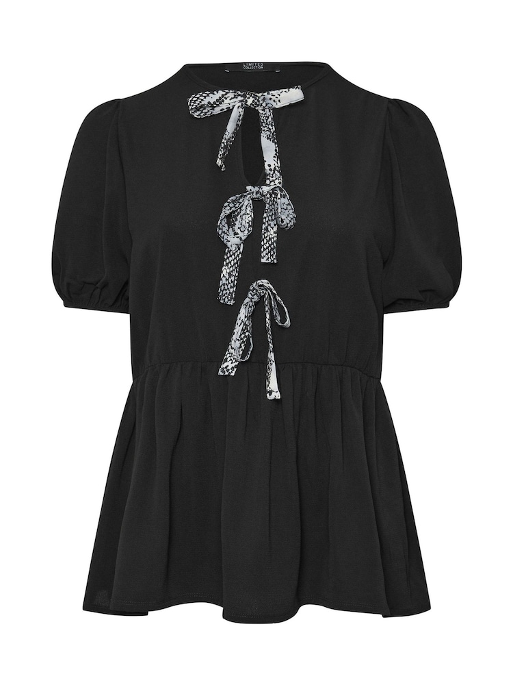 Yours Curve Black Limited Snake Print Bow Top - Image 6 of 6