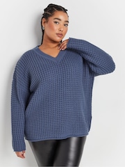 Yours Curve Blue Waffle Knit V-Neck Jumper - Image 1 of 5