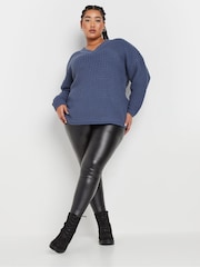 Yours Curve Blue Waffle Knit V-Neck Jumper - Image 2 of 5