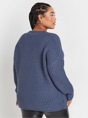 Yours Curve Blue Waffle Knit V-Neck Jumper - Image 3 of 5