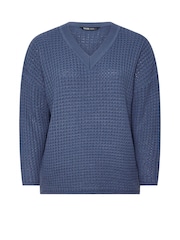 Yours Curve Blue Waffle Knit V-Neck Jumper - Image 5 of 5