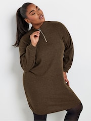 Yours Curve Brown Soft Touch Zip Neck Jumper Dress - Image 1 of 5