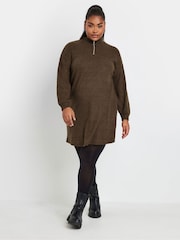 Yours Curve Brown Soft Touch Zip Neck Jumper Dress - Image 2 of 5