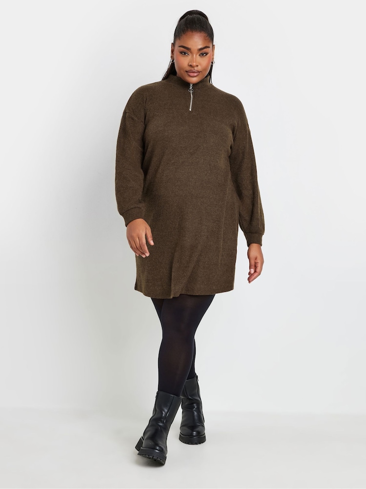 Yours Curve Brown Soft Touch Zip Neck Jumper Dress - Image 2 of 5
