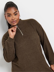 Yours Curve Brown Soft Touch Zip Neck Jumper Dress - Image 4 of 5