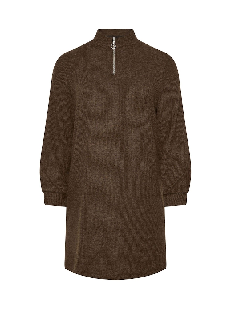 Yours Curve Brown Soft Touch Zip Neck Jumper Dress - Image 5 of 5