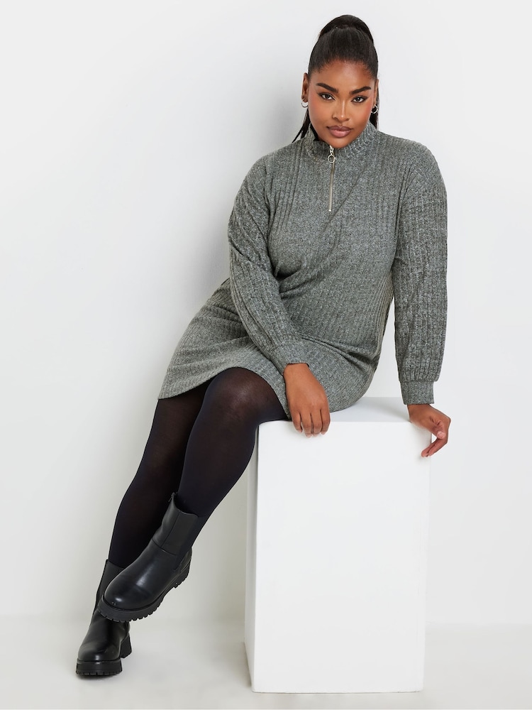 Yours Curve Grey Soft Touch Zip Neck Jumper Dress - Image 1 of 6