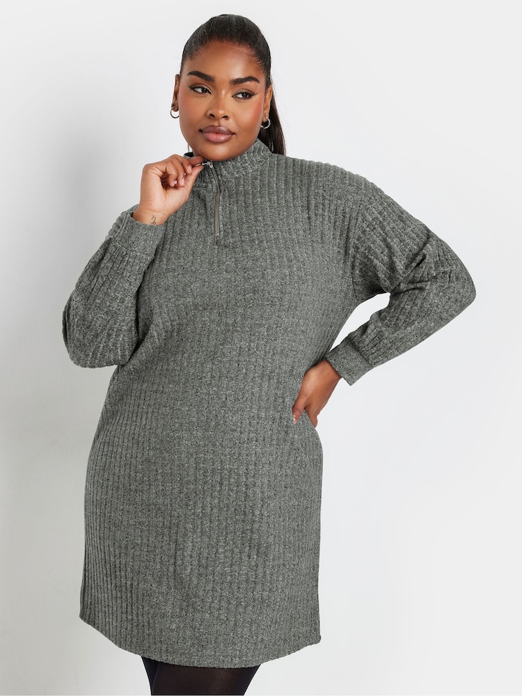 Yours Curve Grey Soft Touch Zip Neck Jumper Dress - Image 2 of 6