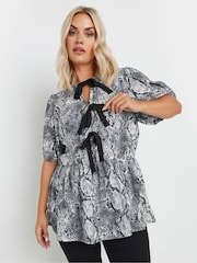 Yours Curve Black Limited Snake Print Bow Top - Image 1 of 6