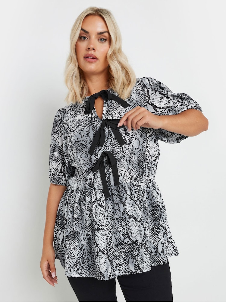 Yours Curve Black Limited Snake Print Bow Top - Image 1 of 6