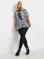 Yours Curve Black Limited Snake Print Bow Top - Image 2 of 6