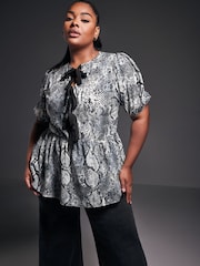 Yours Curve Black Limited Snake Print Bow Top - Image 3 of 6