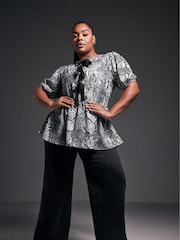 Yours Curve Black Limited Snake Print Bow Top - Image 4 of 6