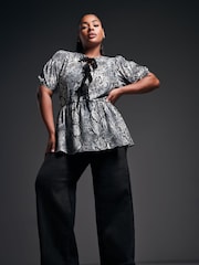 Yours Curve Black Limited Snake Print Bow Top - Image 5 of 6