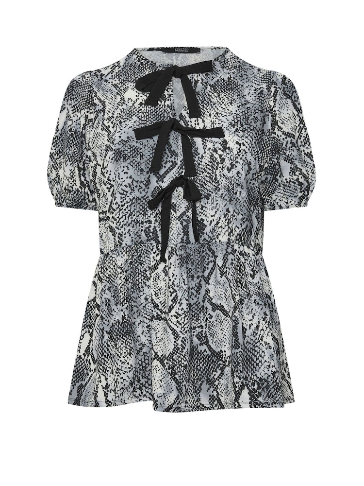 Yours Curve Black Limited Snake Print Bow Top - Image 6 of 6