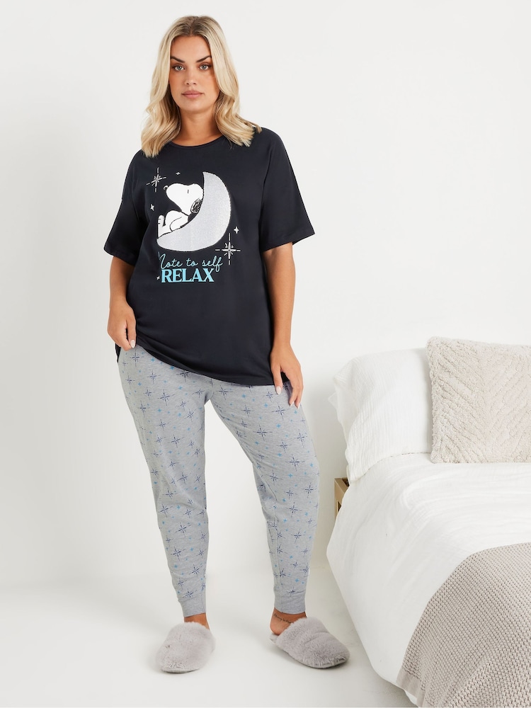 Yours Curve Navy Blue Snoopy Relax Cuffed Pyjamas Set - Image 1 of 5