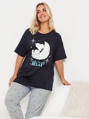 Yours Curve Navy Blue Snoopy Relax Cuffed Pyjamas Set - Image 3 of 5
